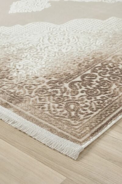 Seyran Halı Asya 524 Vizon Çerçeveli Akrilik Salon Halısı Yolluk Modern Akrilik Halı Dokuma Taban Saçaklı Modern Şık Halı