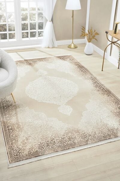 Seyran Halı Asya 524 Vizon Çerçeveli Akrilik Salon Halısı Yolluk Modern Akrilik Halı Dokuma Taban Saçaklı Modern Şık Halı