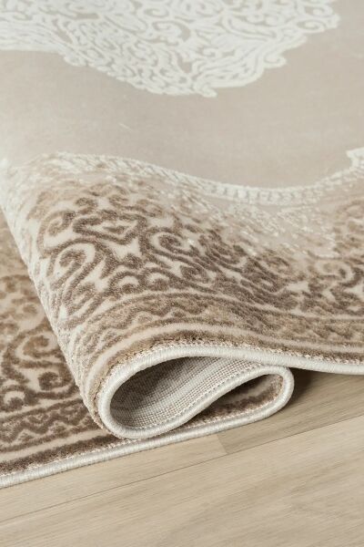 Seyran Halı Asya 524 Vizon Çerçeveli Akrilik Salon Halısı Yolluk Modern Akrilik Halı Dokuma Taban Saçaklı Modern Şık Halı