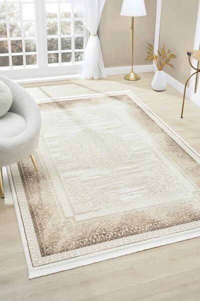 Seyran Halı Asya 525 Vizon Çerçeveli Akrilik Salon Halısı Yolluk Modern Akrilik Halı Dokuma Taban Saçaklı Modern Şık Halı