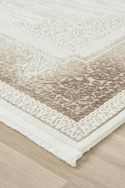 Seyran Halı Asya 525 Vizon Çerçeveli Akrilik Salon Halısı Yolluk Modern Akrilik Halı Dokuma Taban Saçaklı Modern Şık Halı