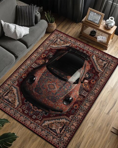 Drom Dokuma Taban Makinede Yıkanabilen Kilim Kaymaz Şönil Araba Figürlü Retro Tasarım Halı