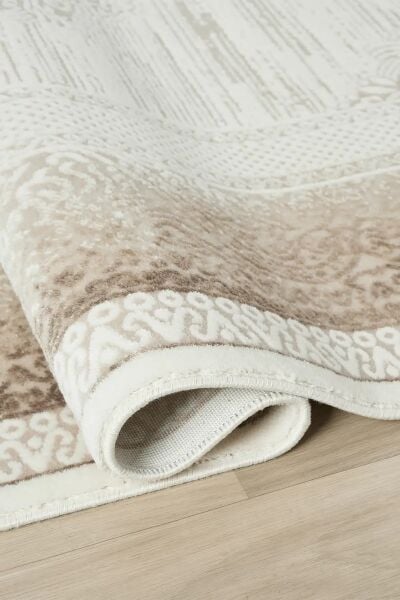 Seyran Halı Asya 525 Vizon Çerçeveli Akrilik Salon Halısı Yolluk Modern Akrilik Halı Dokuma Taban Saçaklı Modern Şık Halı