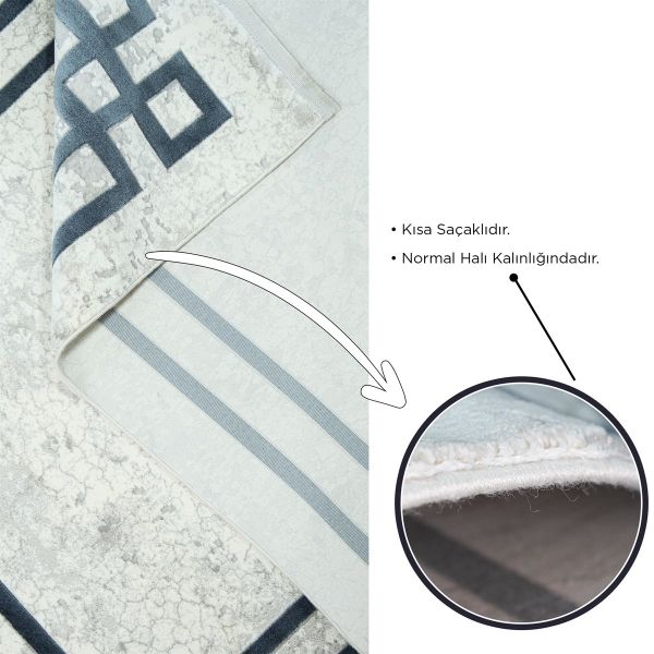 Merinos Halı Therapy 33260 030 Yün Tuşeli Çerçeveli Modern Salon Halısı Gri Mavi 125x200