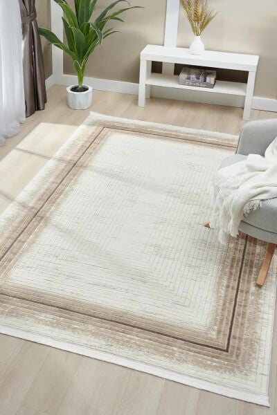 Seyran Halı Asya 526 Vizon Çerçeveli Akrilik Salon Halısı Yolluk Modern Akrilik Halı Dokuma Taban Saçaklı Modern Şık Halı