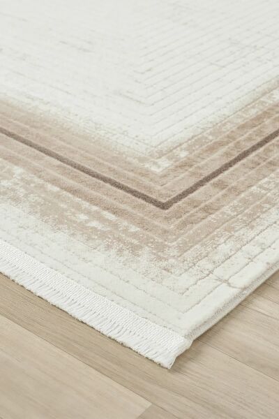 Seyran Halı Asya 526 Vizon Çerçeveli Akrilik Salon Halısı Yolluk Modern Akrilik Halı Dokuma Taban Saçaklı Modern Şık Halı