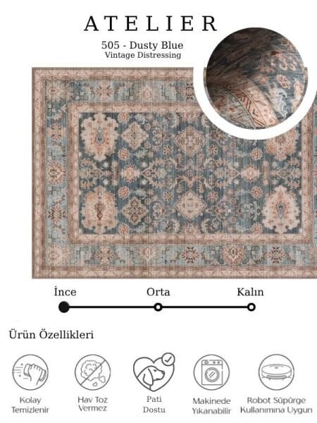 Atelier 505 Dusty Blue Eskitme Vintage Halı Etnik Dokuma Otantik Yıkanabilir Salon Mutfak Yatak Odası Koridor Halısı