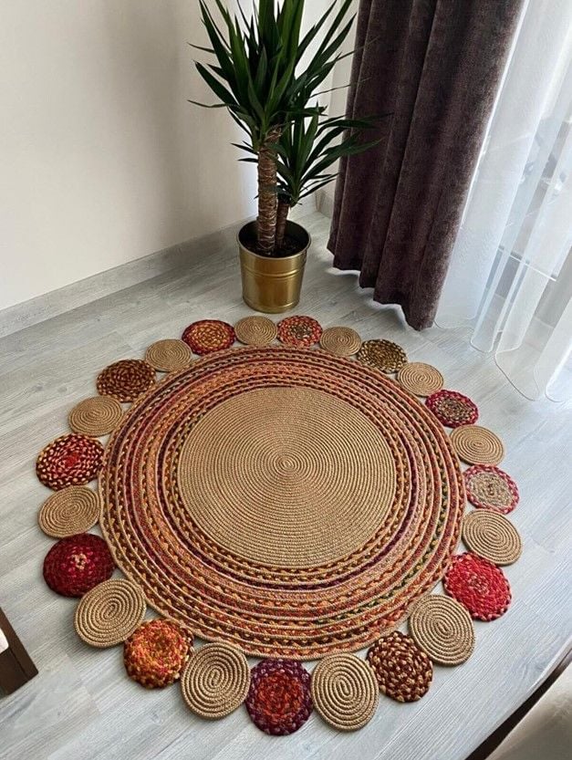 Milda 22 Multi Jüt Hasırlı El Örgüsü Çift Taraflı Kilim Yuvarlak Jüt Halı 140x140