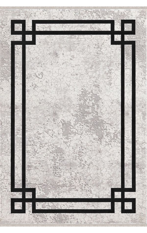 Merinos Halı Therapy 33260 090 Yün Tuşeli Çerçeveli Modern Salon Halısı Gri Siyah 80x150