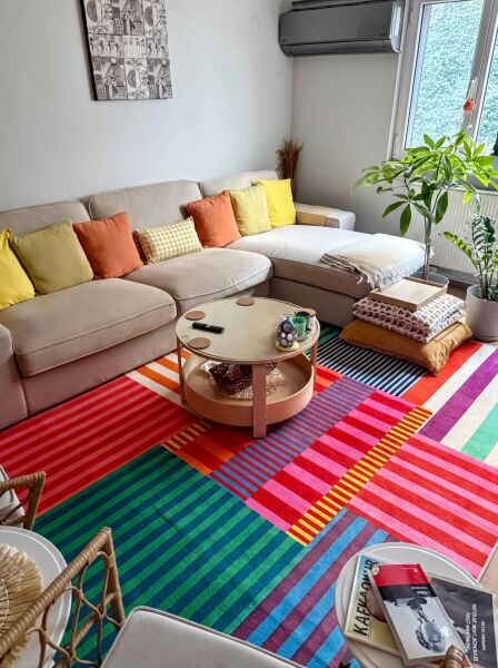 Dopamin Tarz Çok Renkli Modern Çizgiler Kreatif Dokuma Taban Dekoratif Halı Multy Salon Koridor Mutfak Oturma Odası Halısı Modern Halı