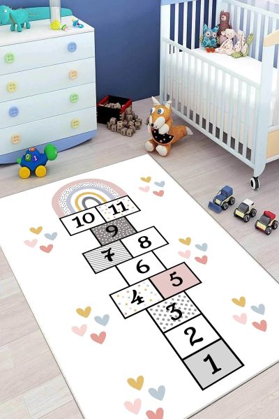 Cino 88 Krem Seksek Renkli Kalpli Çocuk Odası Oyun Halısı