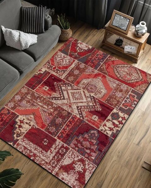 Drom Pamuk Dokuma Taban Makinede Yıkanabilen Kilim Kaymaz Şönil Patchwork Vintage Halı