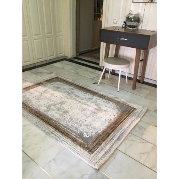 Merinos Halı Therapy 34665 080 Yün Tuşeli Çerçeveli Modern Salon Halısı Gri Kahve 100x300