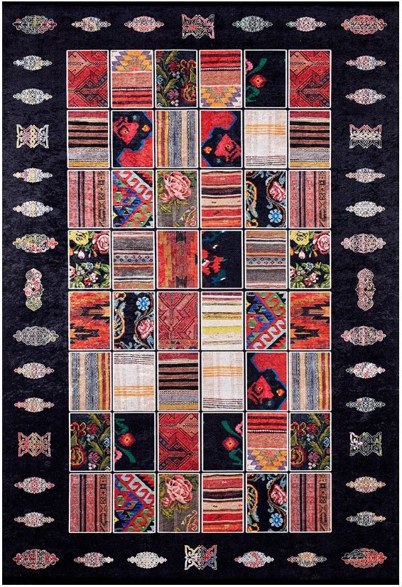 Halımax Dara 034 Yıkanabilir Kaymaz Dokuma Tabanlı Siyah Patchwork Desenli Modern Halı