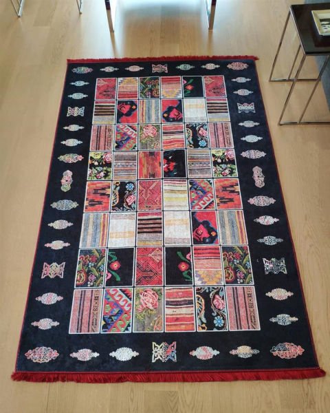 Halımax Dara 034 Yıkanabilir Kaymaz Dokuma Tabanlı Siyah Patchwork Desenli Modern Halı