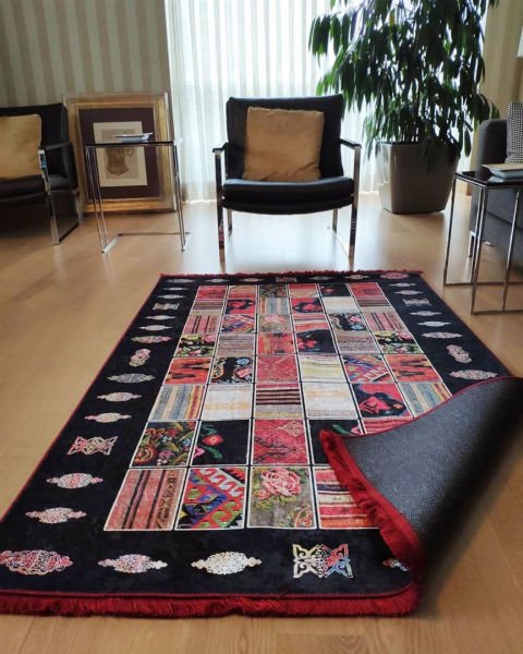 Halımax Dara 034 Yıkanabilir Kaymaz Dokuma Tabanlı Siyah Patchwork Desenli Modern Halı
