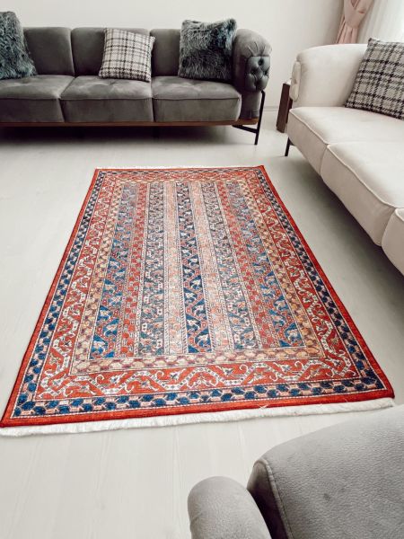 Halımax Dara 041 Yıkanabilir Kaymaz Dokuma Tabanlı Etnik Çizgili Kırmızı Modern Halı