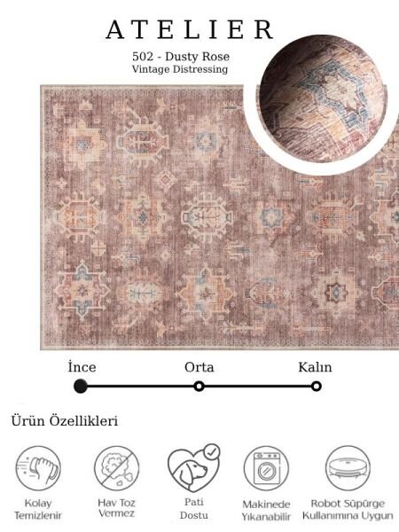Atelier 502 Dusty Rose Eskitme Vintage Antre Hol Halısı Etnik Dokuma Otantik Özel Ölçü Yolluk