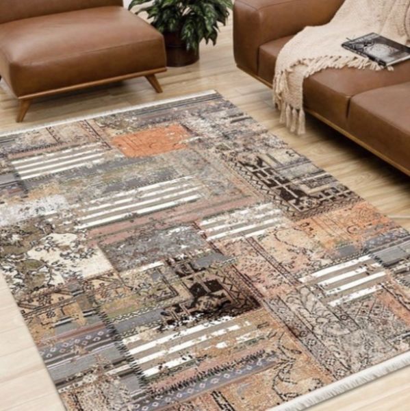 Halımax Dara 101 Yıkanabilir Kaymaz Dokuma Tabanlı Patchwork Bej Modern Halı