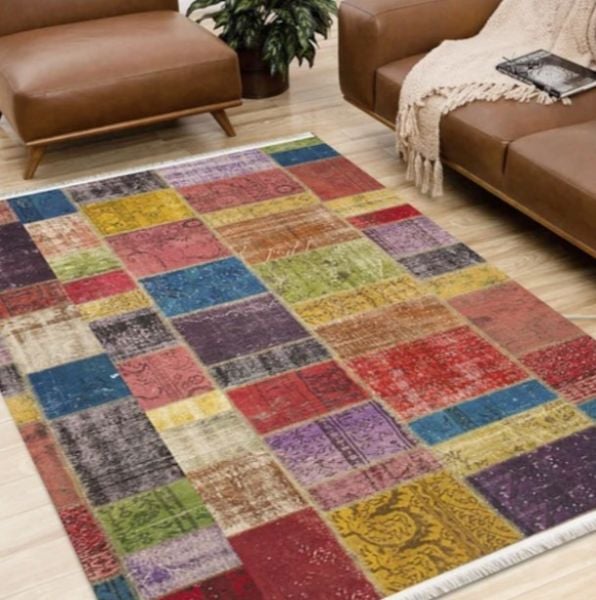 Halımax Dara 103 Yıkanabilir Kaymaz Dokuma Tabanlı Patchwork Multi Modern Halı