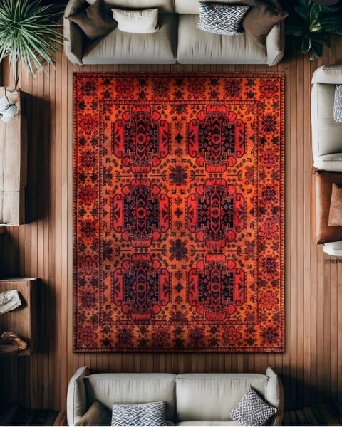 Drom Pamuk Dokuma Taban Makinede Yıkanabilen Kilim Kaymaz Şönil Turuncu Kırmızı Bohem Halı