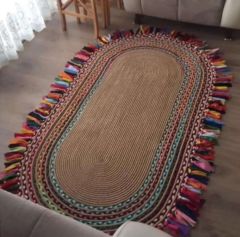 Milda 36 Jüt Hasırlı El Örgüsü Kilim Renkli Püsküllü Çift Taraflı Jüt Halı 120x180