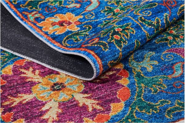 Halımax Dara 165 Yıkanabilir Kaymaz Dokuma Tabanlı Mavi Floral Etnik Modern Halı | Salon, Oturma Odası Mutfak Yatak Odası ve Antre Halısı