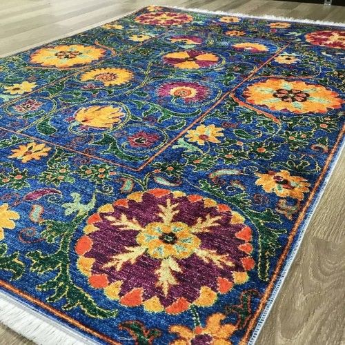 Halımax Dara 165 Yıkanabilir Kaymaz Dokuma Tabanlı Mavi Floral Etnik Modern Halı | Salon, Oturma Odası Mutfak Yatak Odası ve Antre Halısı