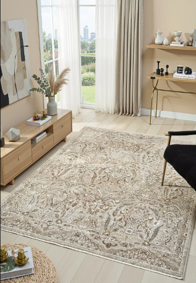 Seyran Halı Monde 804 Bej Çiçekli Klasik Vintage Halı Motifli Dekoratif Salon Halısı