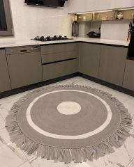 Milda 38 Gri Jüt Hasırlı El Örgüsü Çift Taraflı Kilim Yuvarlak Jüt Halı 90x90