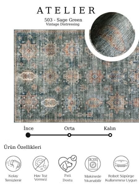 Atelier 503 Sage Green Eskitme Vintage Antre Hol Halısı Etnik Dokuma Otantik Özel Ölçü Yolluk