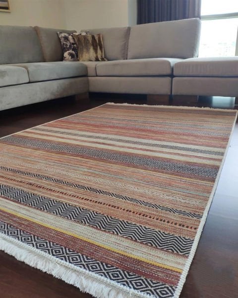 Halımax Dara 178 Yıkanabilir Kaymaz Dokuma Tabanlı Turuncu Çizgili Modern Halı