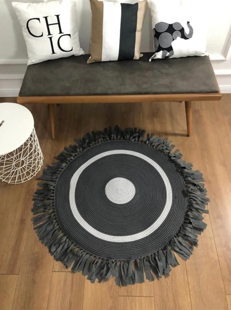Milda 39 Antrasit Jüt Hasırlı El Örgüsü Çift Taraflı Kilim Yuvarlak Jüt Halı 140x140