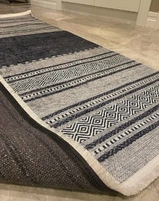 Halımax Dara 183 Yıkanabilir Kaymaz Dokuma Tabanlı Gri Mavi Çizgili Modern Halı