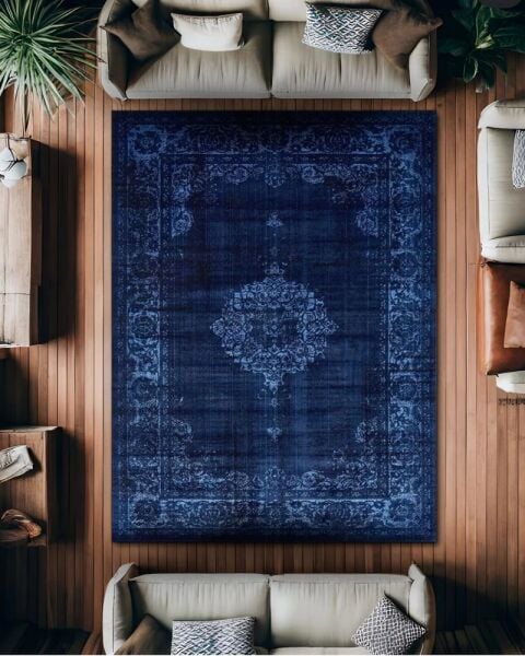Drom Pamuk Dokuma Taban Makinede Yıkanabilen Kilim Kaymaz Şönil Mavi Lacivert Vintage Halı