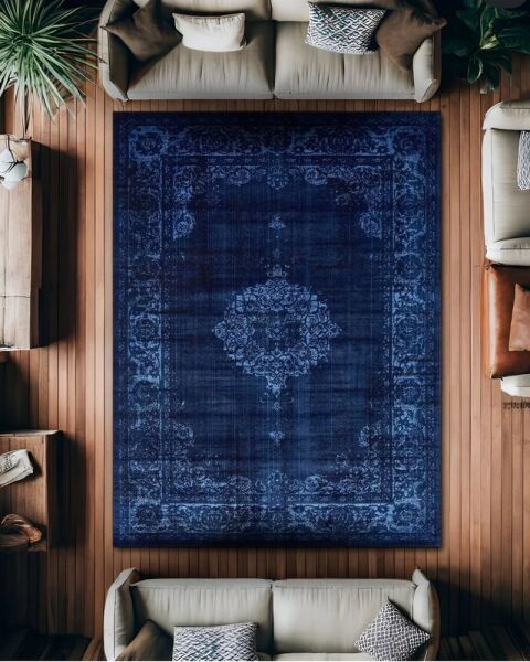 Drom Pamuk Dokuma Taban Makinede Yıkanabilen Kilim Kaymaz Şönil Mavi Lacivert Vintage Halı