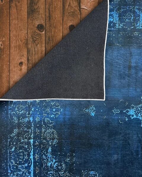 Drom Pamuk Dokuma Taban Makinede Yıkanabilen Kilim Kaymaz Şönil Mavi Lacivert Vintage Halı