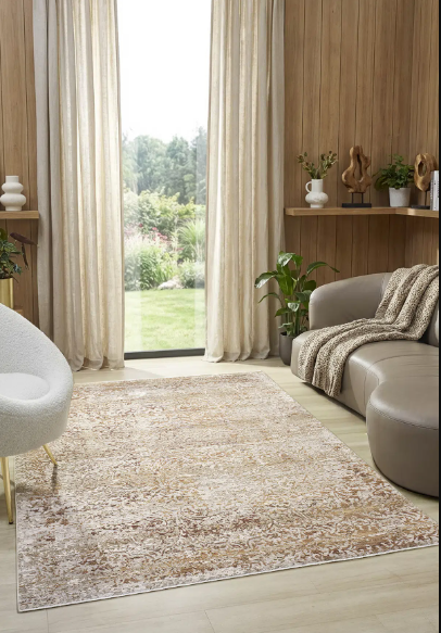 Seyran Halı Monde 805 Bej Vintage Eskitme Halı Motifli Dekoratif Salon Halısı