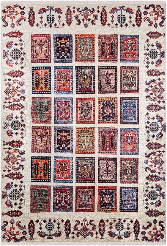 Halımax Dara 296 Yıkanabilir Kaymaz Dokuma Tabanlı Otantik Desenli Bej Modern Halı