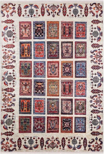 Halımax Dara 296 Yıkanabilir Kaymaz Dokuma Tabanlı Otantik Desenli Bej Modern Halı