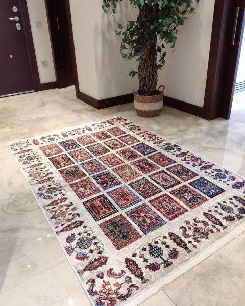 Halımax Dara 296 Yıkanabilir Kaymaz Dokuma Tabanlı Otantik Desenli Bej Modern Halı