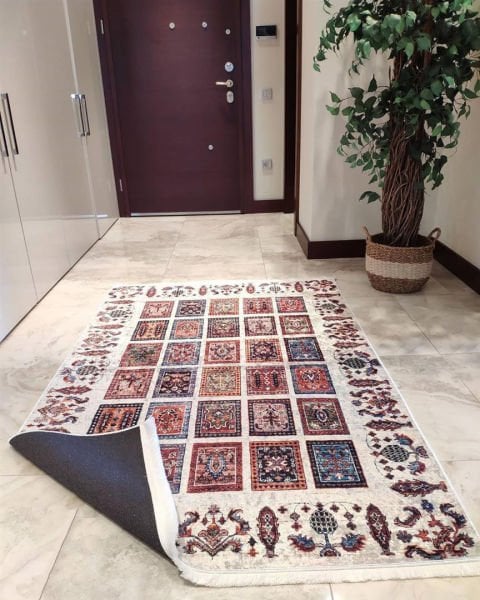 Halımax Dara 296 Yıkanabilir Kaymaz Dokuma Tabanlı Otantik Desenli Bej Modern Halı