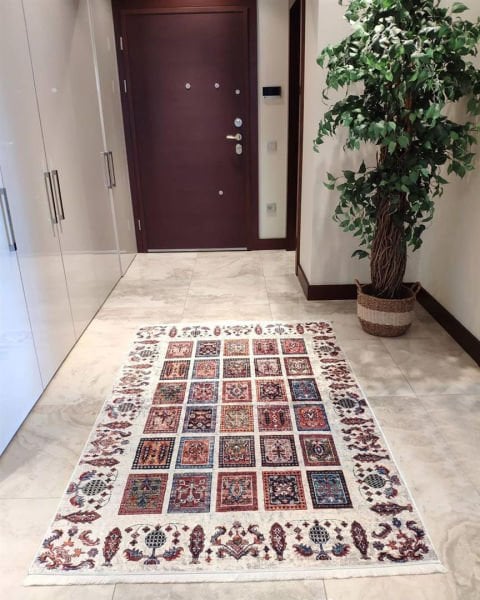 Halımax Dara 296 Yıkanabilir Kaymaz Dokuma Tabanlı Otantik Desenli Bej Modern Halı