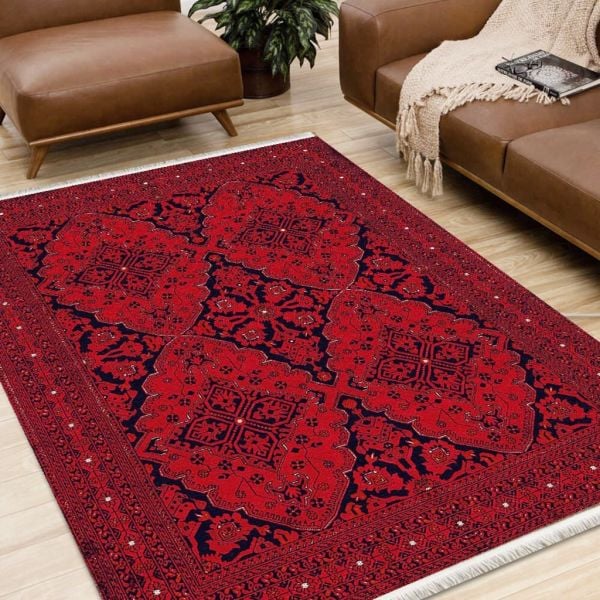 Halımax Dara 396 Yıkanabilir Kaymaz Dokuma Tabanlı Kırmızı Afgan Desenli Modern Halı