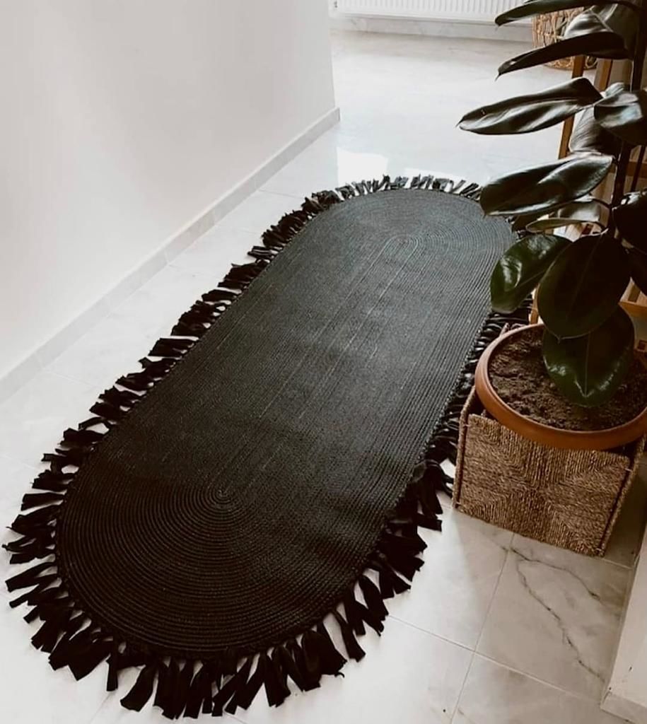 Milda 44 Siyah Jüt Hasırlı El Örgüsü Çift Taraflı Kilim Oval Jüt Halı 100x200