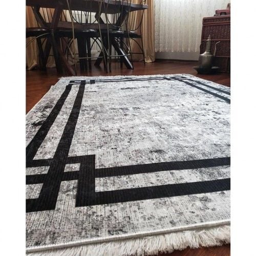 Halımax Dara 172 Yıkanabilir Kaymaz Dokuma Tabanlı Siyah Çerçeveli Gri Modern Desenli Halı