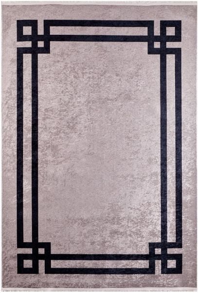 Halımax Dara 172 Yıkanabilir Kaymaz Dokuma Tabanlı Siyah Çerçeveli Gri Modern Desenli Halı