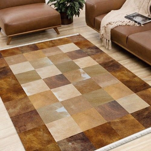 Halımax Dara 119 Yıkanabilir Kaymaz Dokuma Tabanlı Turuncu Kahverengi Modern Desenli Halı