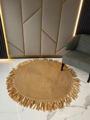 Milda 46 Püsküllü Jüt Hasırlı El Örgüsü Çift Taraflı Kilim Yuvarlak Jüt Halı 120x120