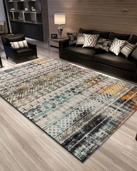 Drom Pamuk Dokuma Taban Makinede Yıkanabilen Kilim Kaymaz Şönil Retro İskandinav Halı